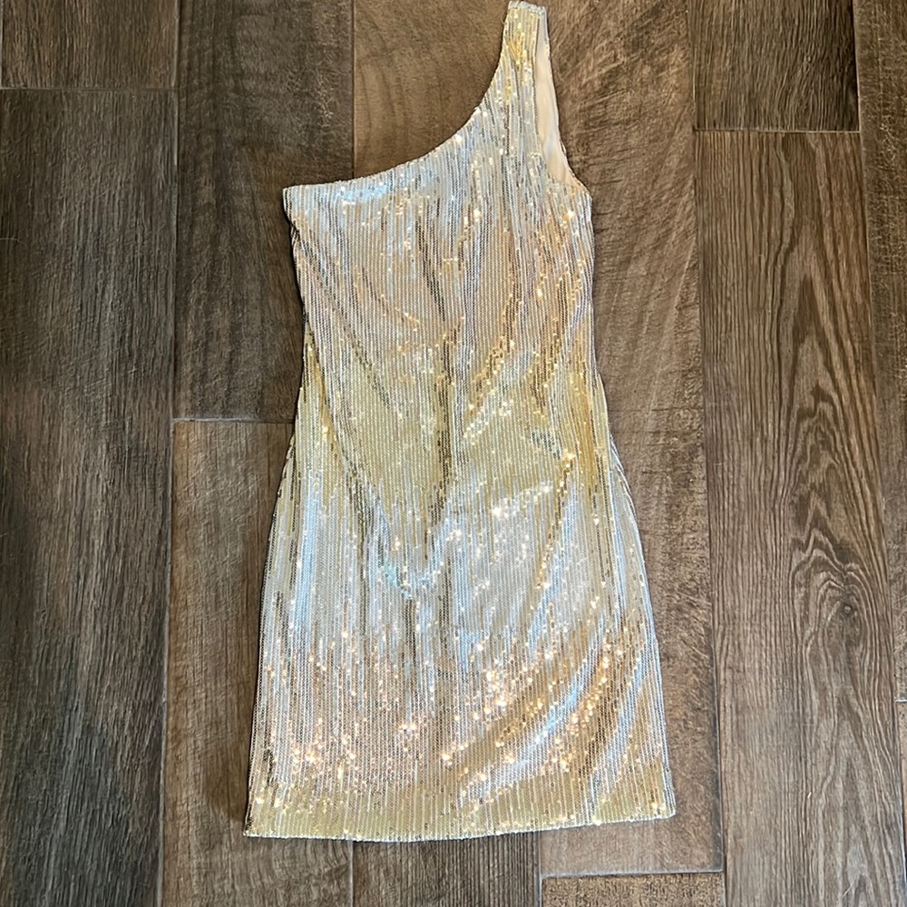 One Shoulder Gold and Silver Sequin Dress